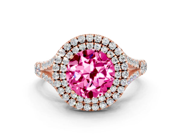 Rose gold Double Halo Round Cut Pink Sapphire Split Shank Engagement Ring with Four-Prong Setting