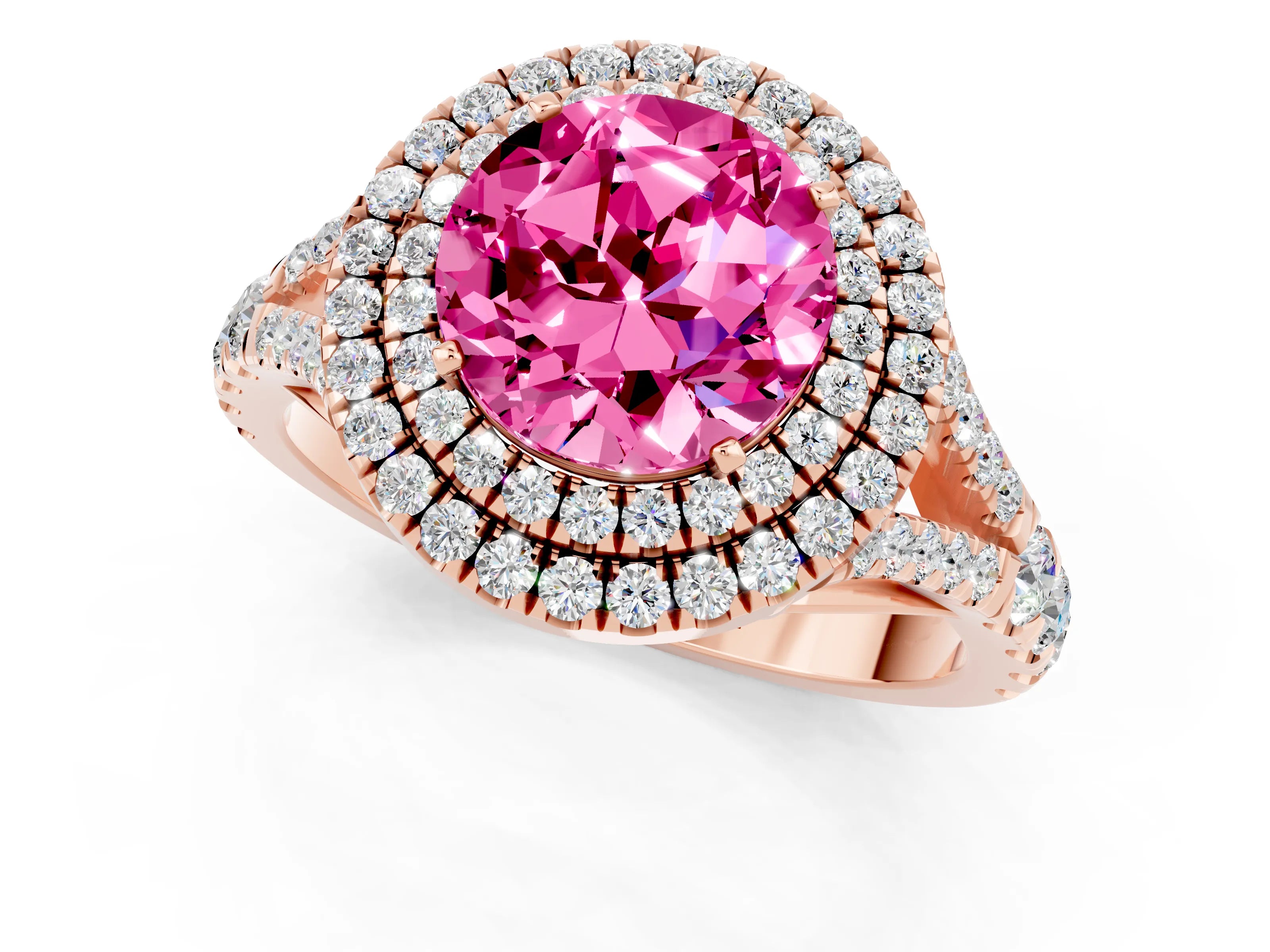 Rose gold Double Halo Round Cut Pink Sapphire Split Shank Engagement Ring with Four-Prong Setting_1