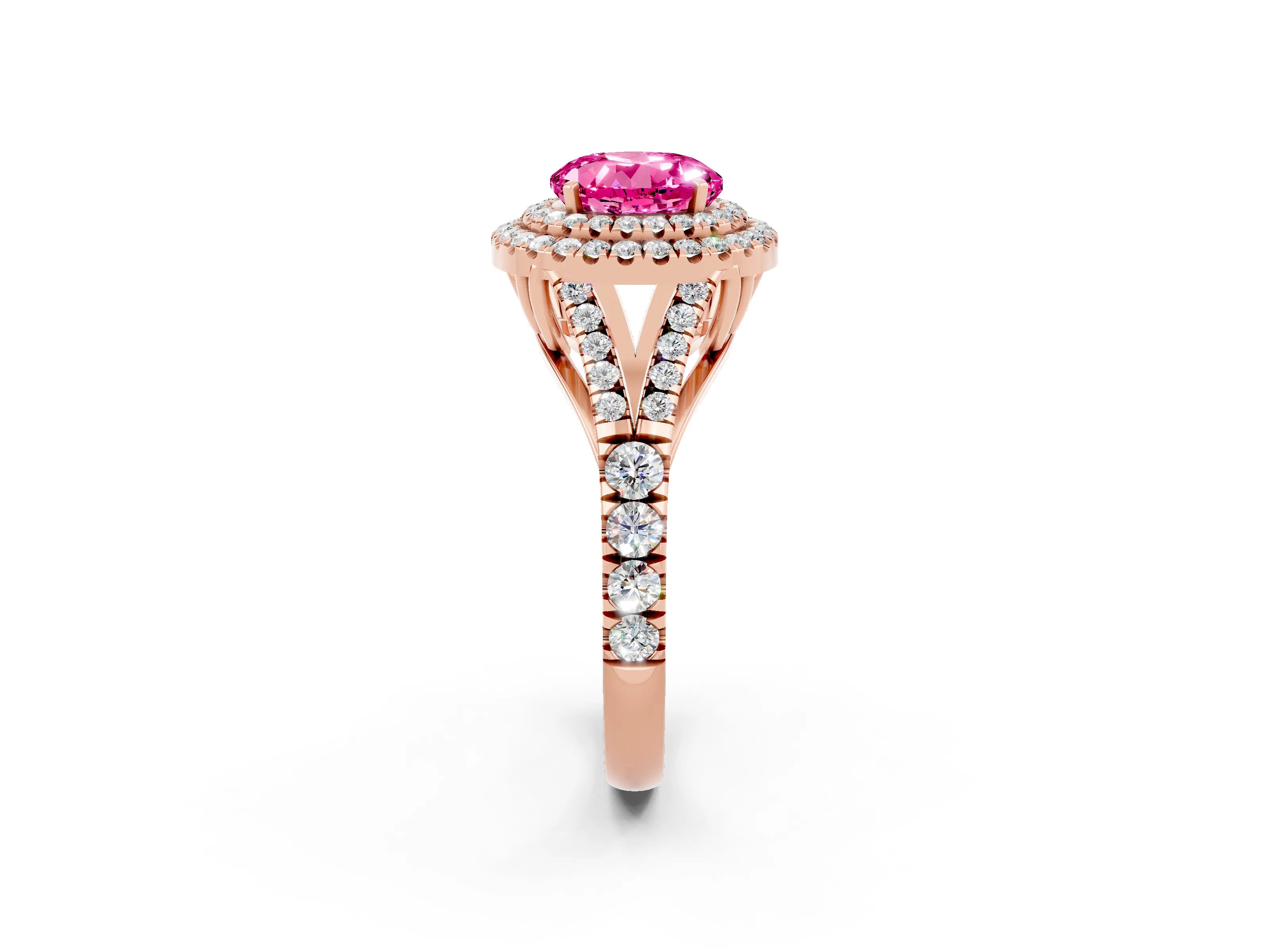 Rose gold Double Halo Round Cut Pink Sapphire Split Shank Engagement Ring with Four-Prong Setting_2