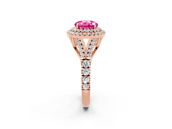 Rose gold Double Halo Round Cut Pink Sapphire Split Shank Engagement Ring with Four-Prong Setting