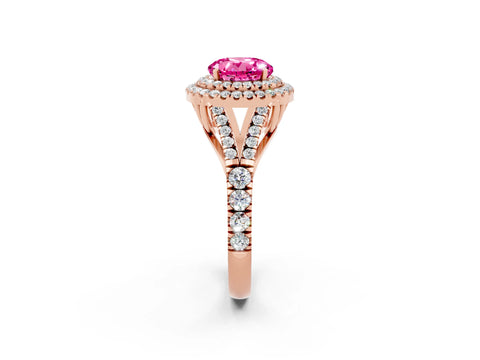 Rose gold Double Halo Round Cut Pink Sapphire Split Shank Engagement Ring with Four-Prong Setting_2