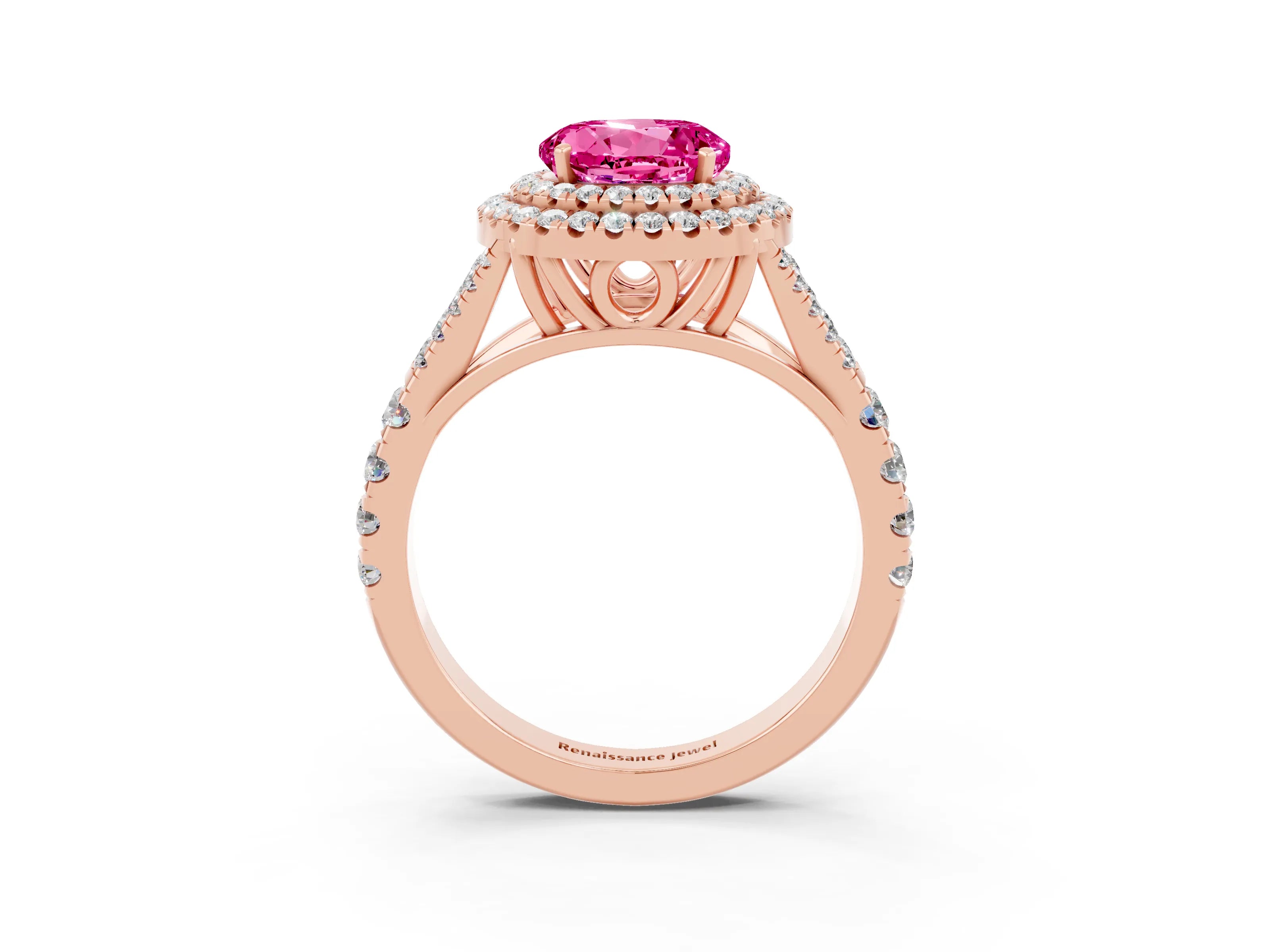 Rose gold Double Halo Round Cut Pink Sapphire Split Shank Engagement Ring with Four-Prong Setting_3