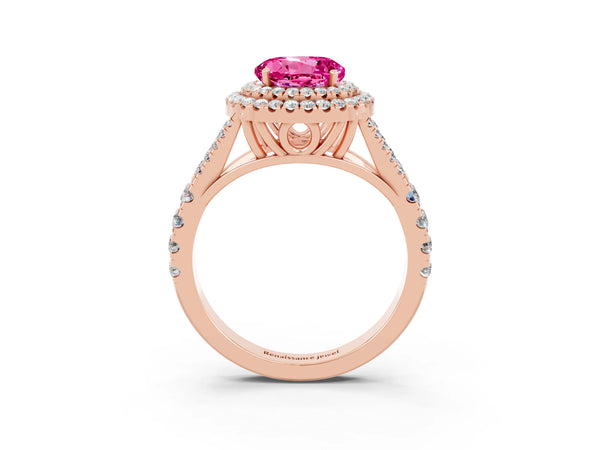 Rose gold Double Halo Round Cut Pink Sapphire Split Shank Engagement Ring with Four-Prong Setting