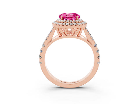 Rose gold Double Halo Round Cut Pink Sapphire Split Shank Engagement Ring with Four-Prong Setting_3