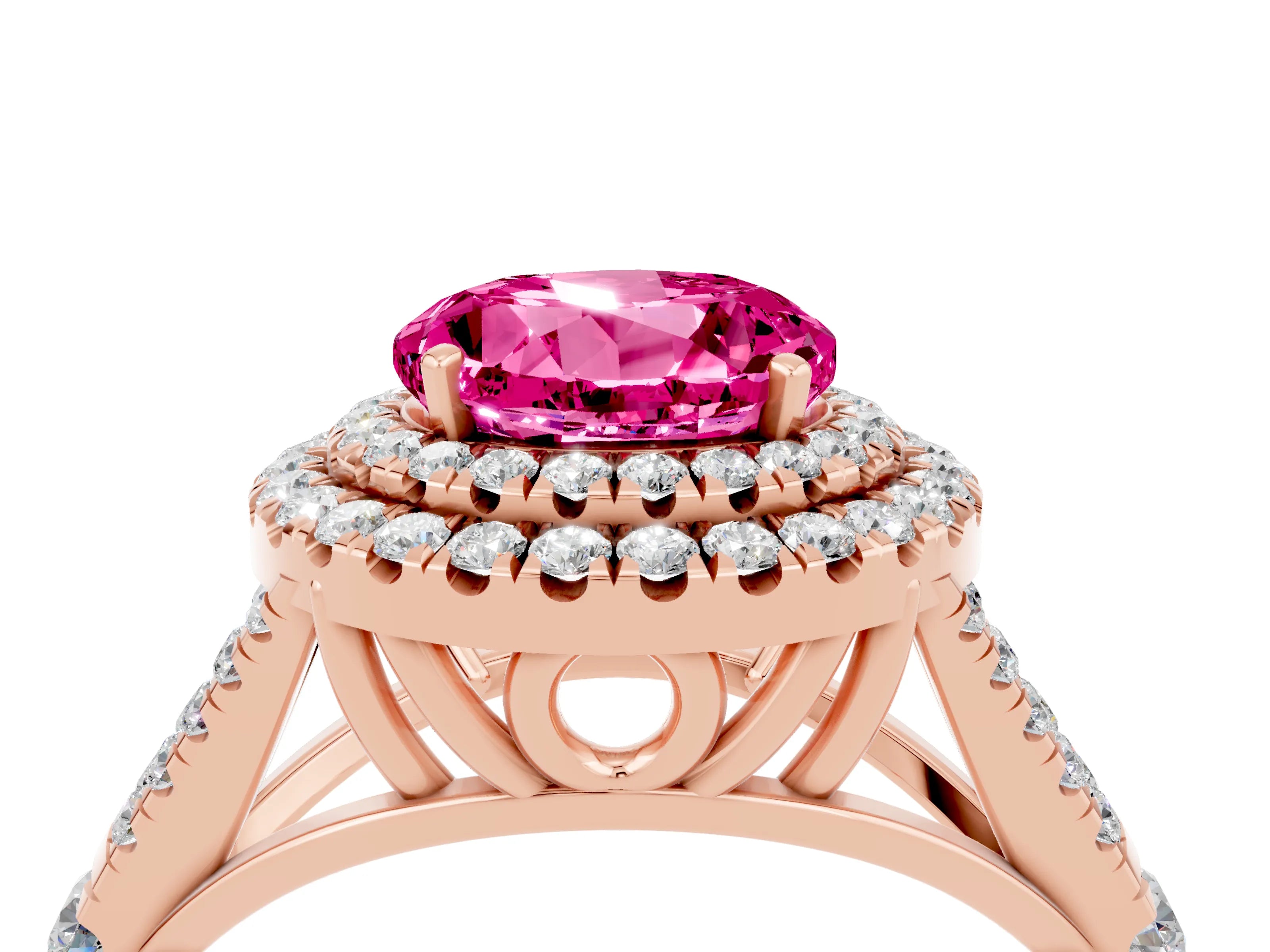 Rose gold Double Halo Round Cut Pink Sapphire Split Shank Engagement Ring with Four-Prong Setting_4