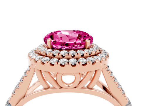 Rose gold Double Halo Round Cut Pink Sapphire Split Shank Engagement Ring with Four-Prong Setting_4