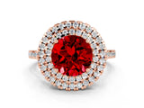 Rose gold Double Halo Round Cut Ruby Pavé Band with Four-Prong Setting