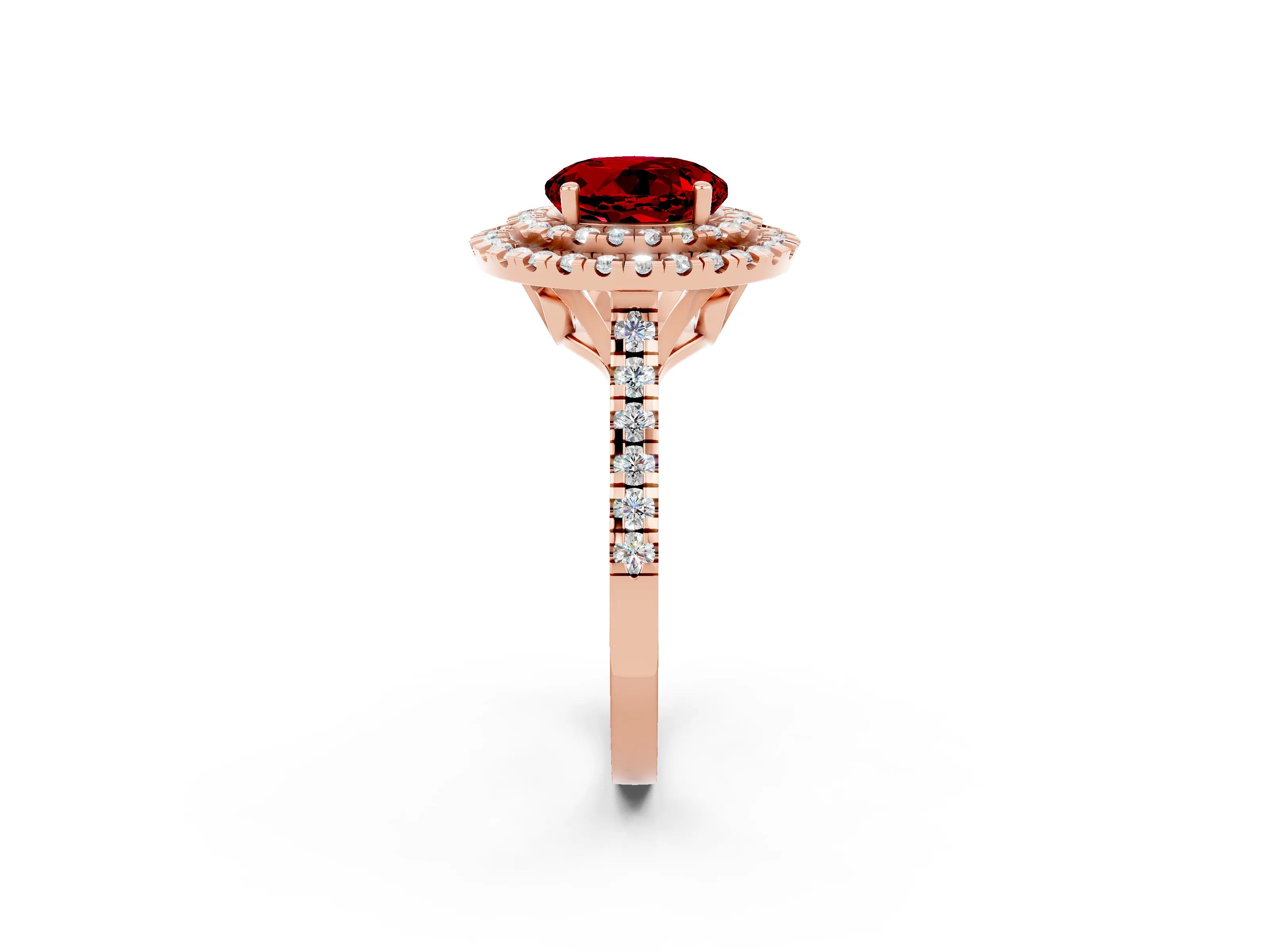 Rose gold Double Halo Round Cut Ruby Pavé Band with Four-Prong Setting_2