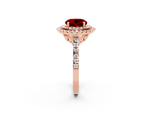 Rose gold Double Halo Round Cut Ruby Pavé Band with Four-Prong Setting