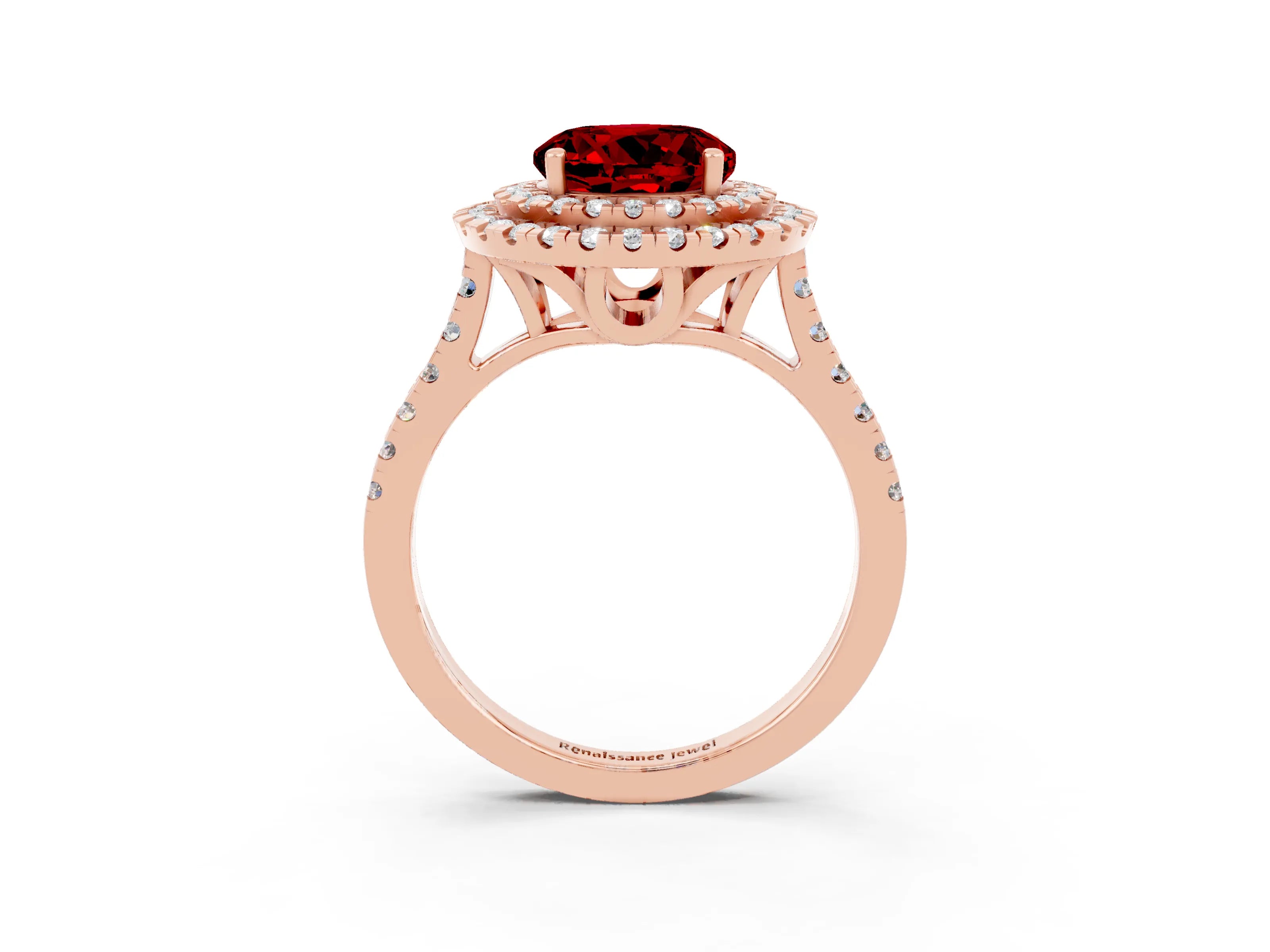 Rose gold Double Halo Round Cut Ruby Pavé Band with Four-Prong Setting_3