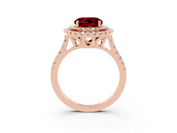 Rose gold Double Halo Round Cut Ruby Pavé Band with Four-Prong Setting