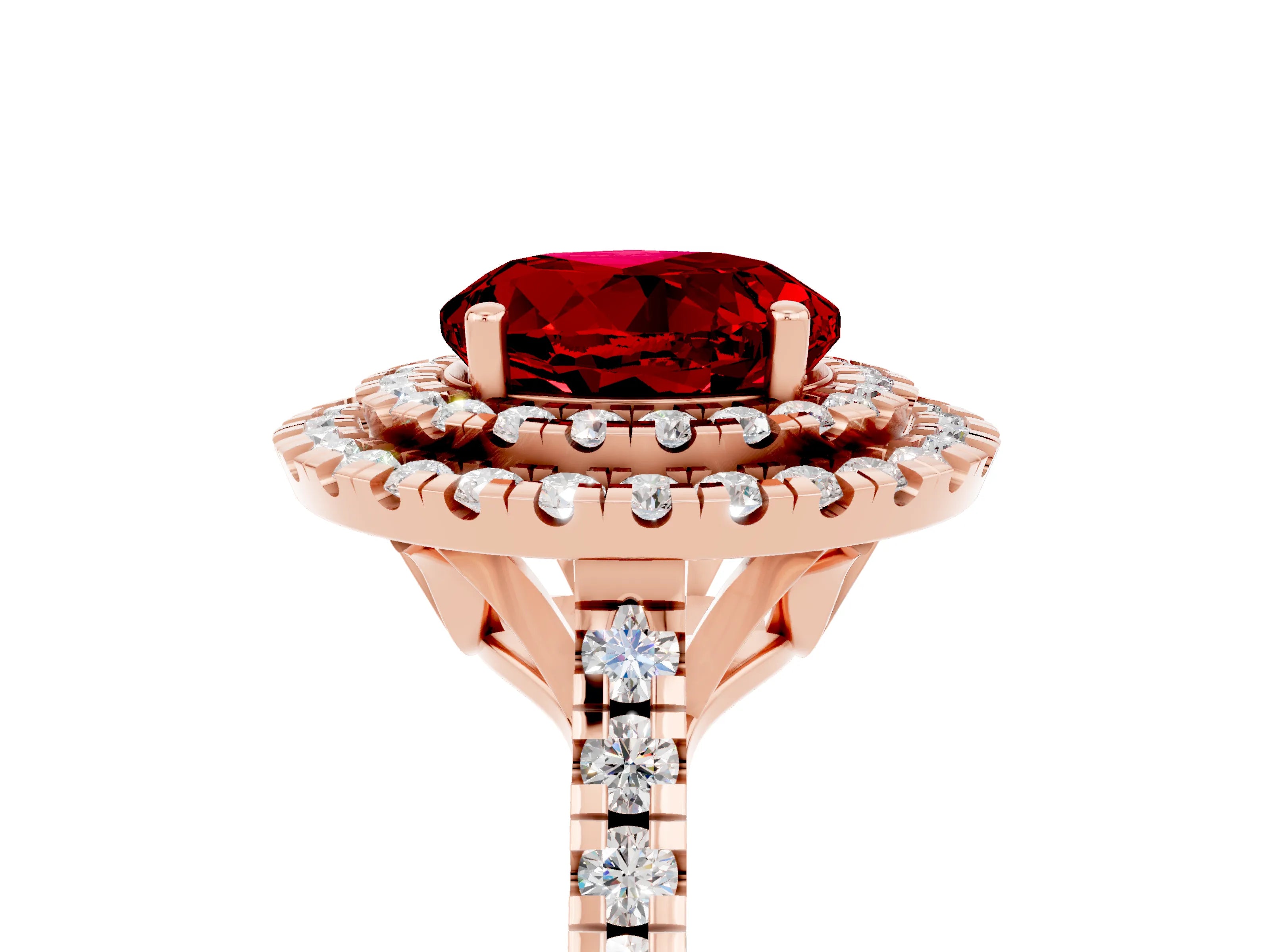 Rose gold Double Halo Round Cut Ruby Pavé Band with Four-Prong Setting_5