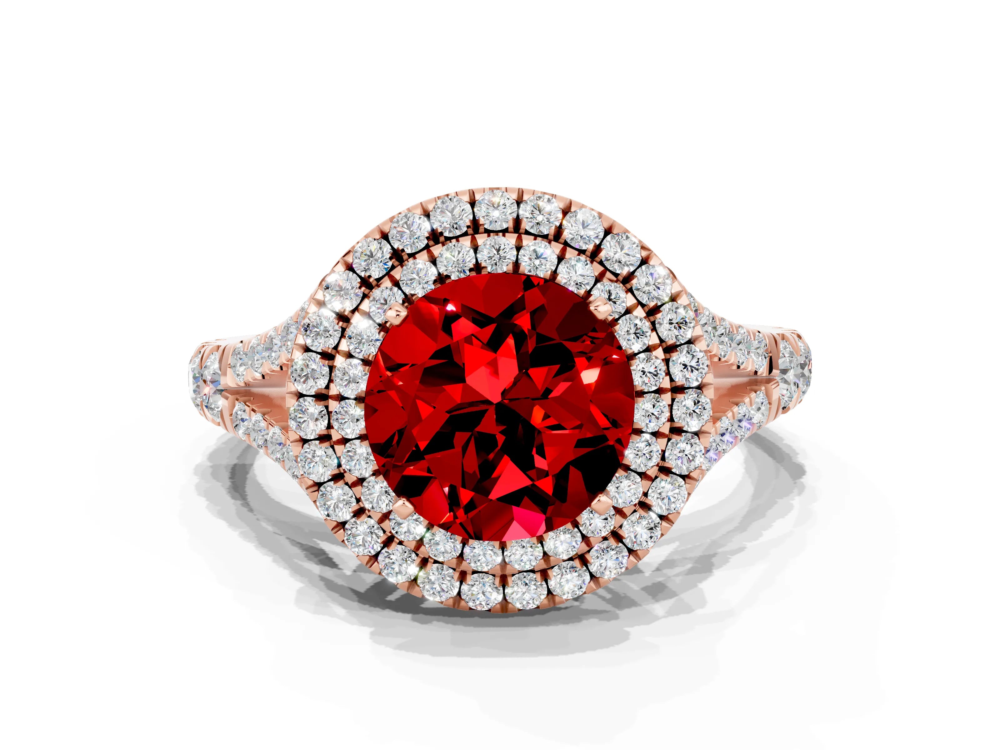 Rose gold Double Halo Round Cut Ruby Pavé Split Shank Ring with Prong Setting