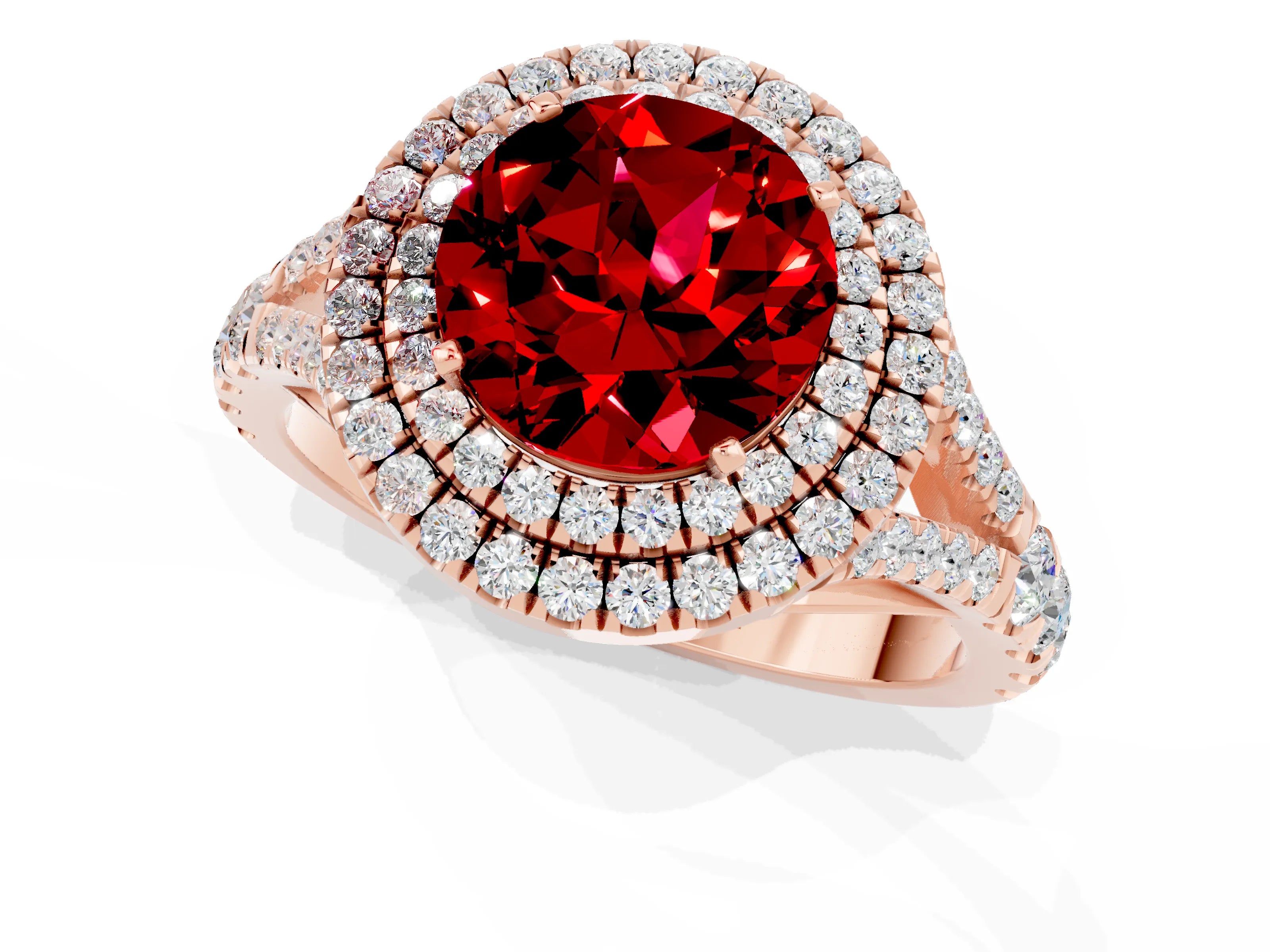 Rose gold Double Halo Round Cut Ruby Pavé Split Shank Ring with Prong Setting_1