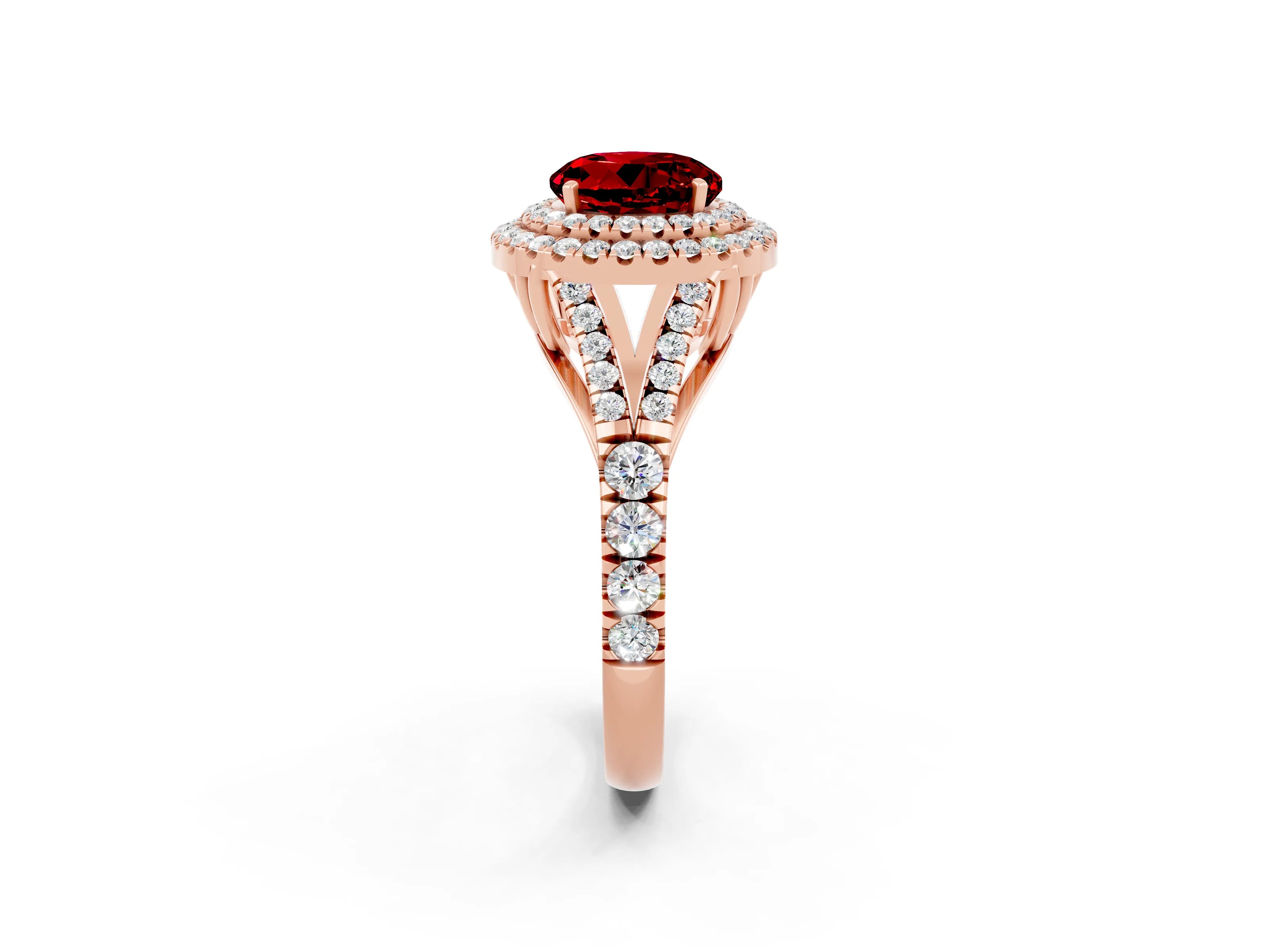 Rose gold Double Halo Round Cut Ruby Pavé Split Shank Ring with Prong Setting_2