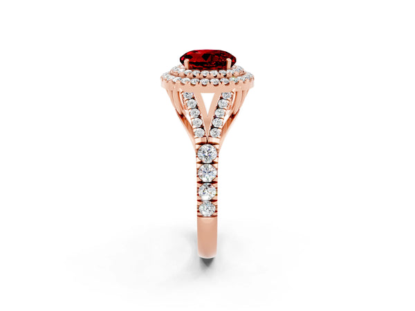 Rose gold Double Halo Round Cut Ruby Pavé Split Shank Ring with Prong Setting