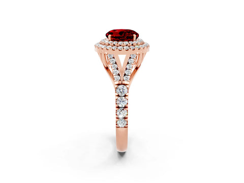 Rose gold Double Halo Round Cut Ruby Pavé Split Shank Ring with Prong Setting_2