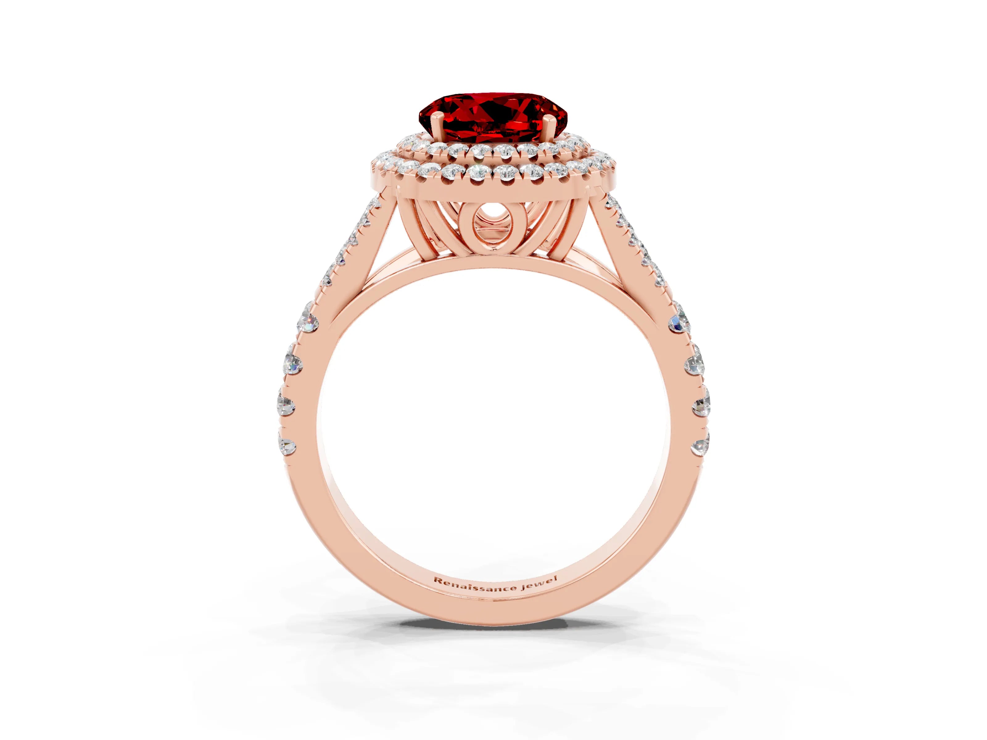 Rose gold Double Halo Round Cut Ruby Pavé Split Shank Ring with Prong Setting_3