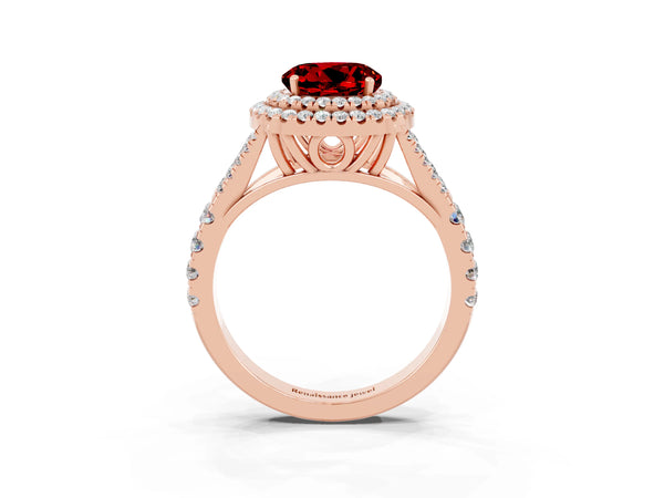 Rose gold Double Halo Round Cut Ruby Pavé Split Shank Ring with Prong Setting