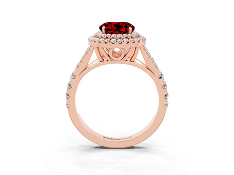 Rose gold Double Halo Round Cut Ruby Pavé Split Shank Ring with Prong Setting_3