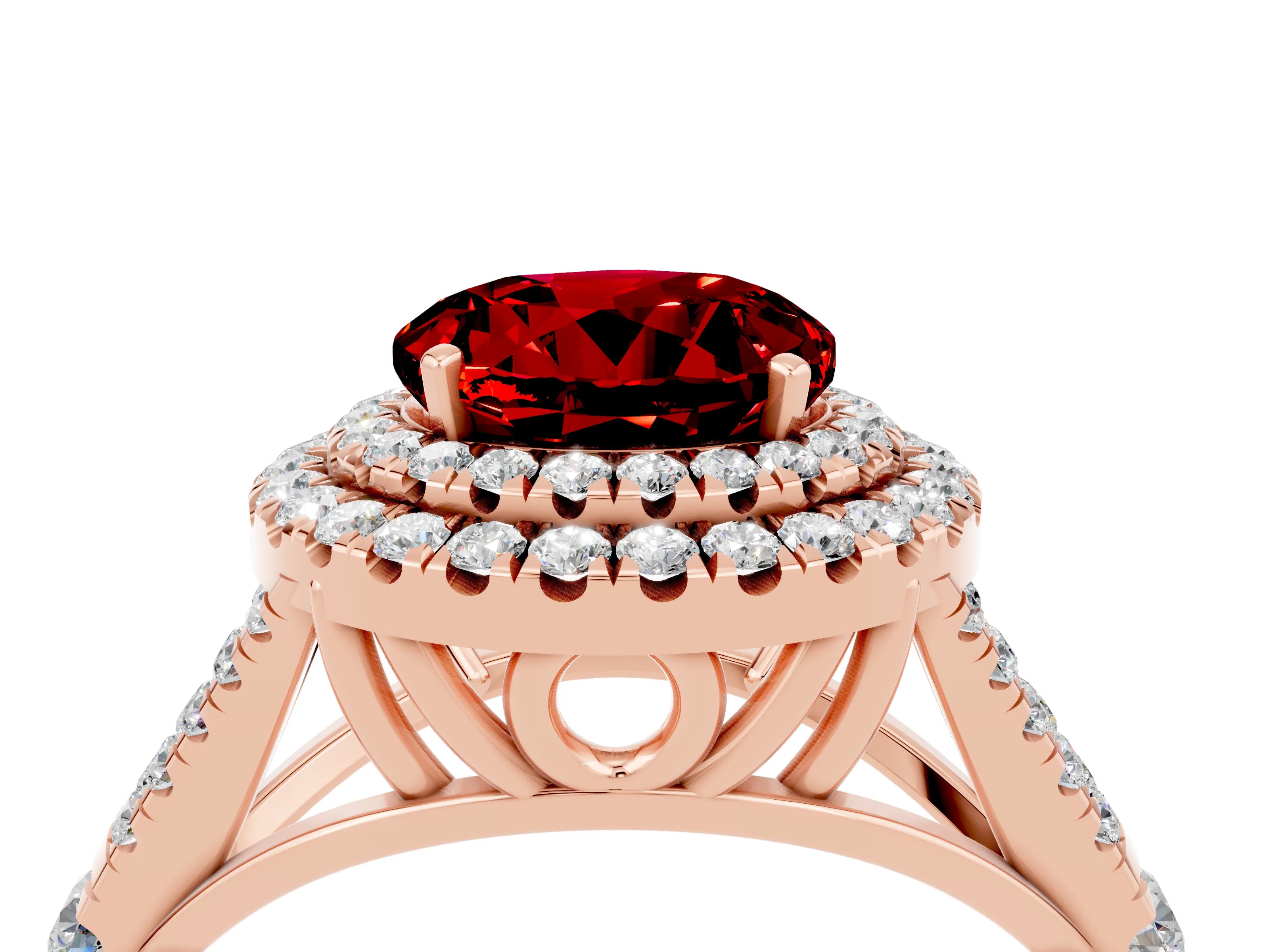 Rose gold Double Halo Round Cut Ruby Pavé Split Shank Ring with Prong Setting_4