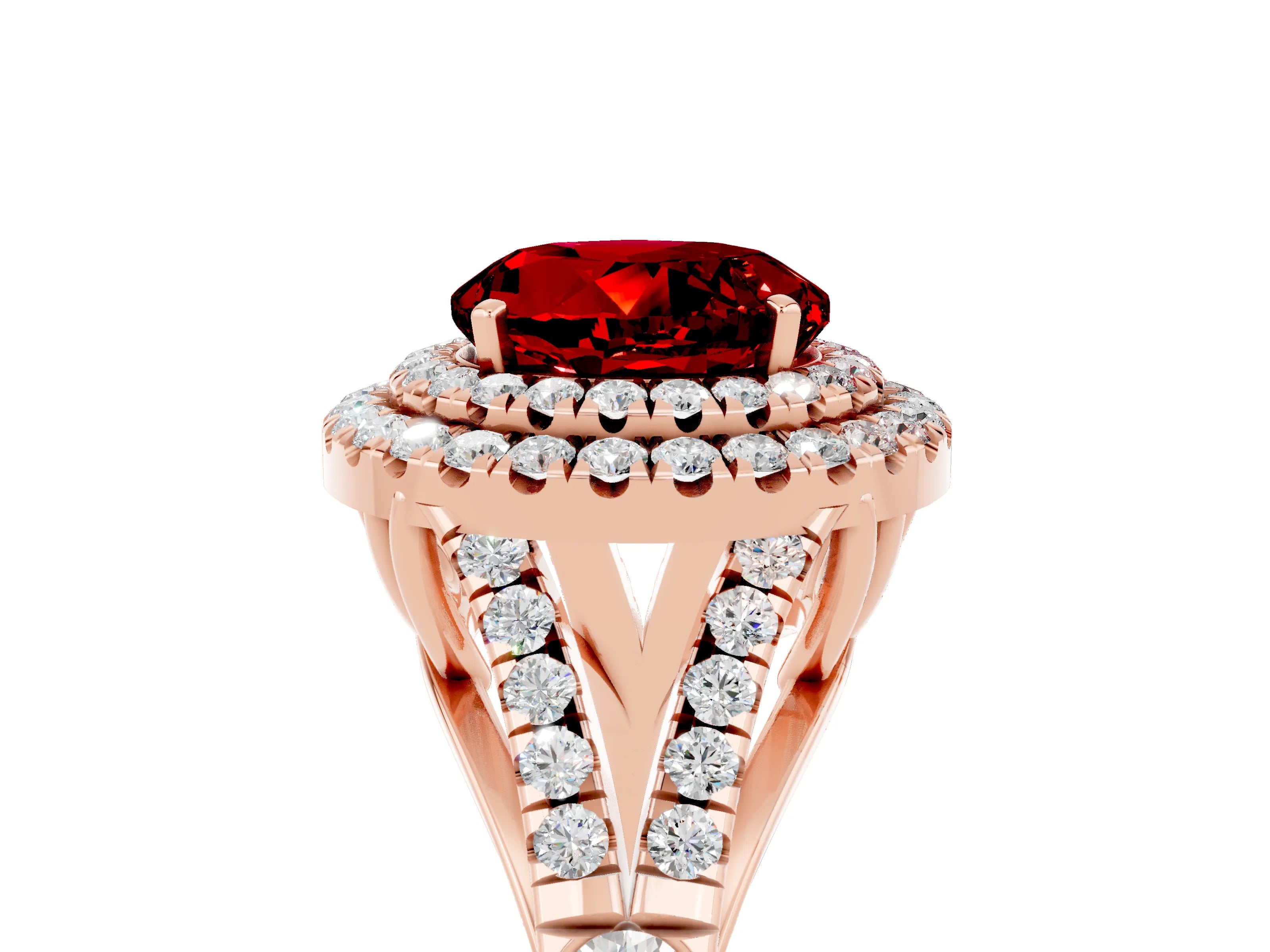 Rose gold Double Halo Round Cut Ruby Pavé Split Shank Ring with Prong Setting_5