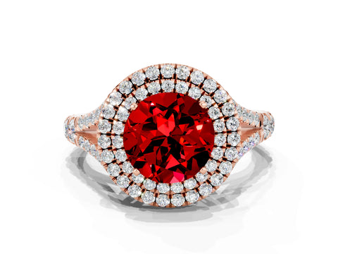Rose gold Double Halo Round Cut Ruby Pavé Split Shank Ring with Prong Setting