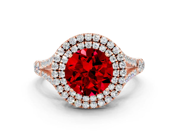 Rose gold Double Halo Round Cut Ruby Split Shank Engagement Ring with Four-Prong Setting