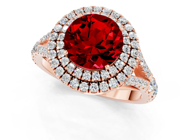 Rose gold Double Halo Round Cut Ruby Split Shank Engagement Ring with Four-Prong Setting