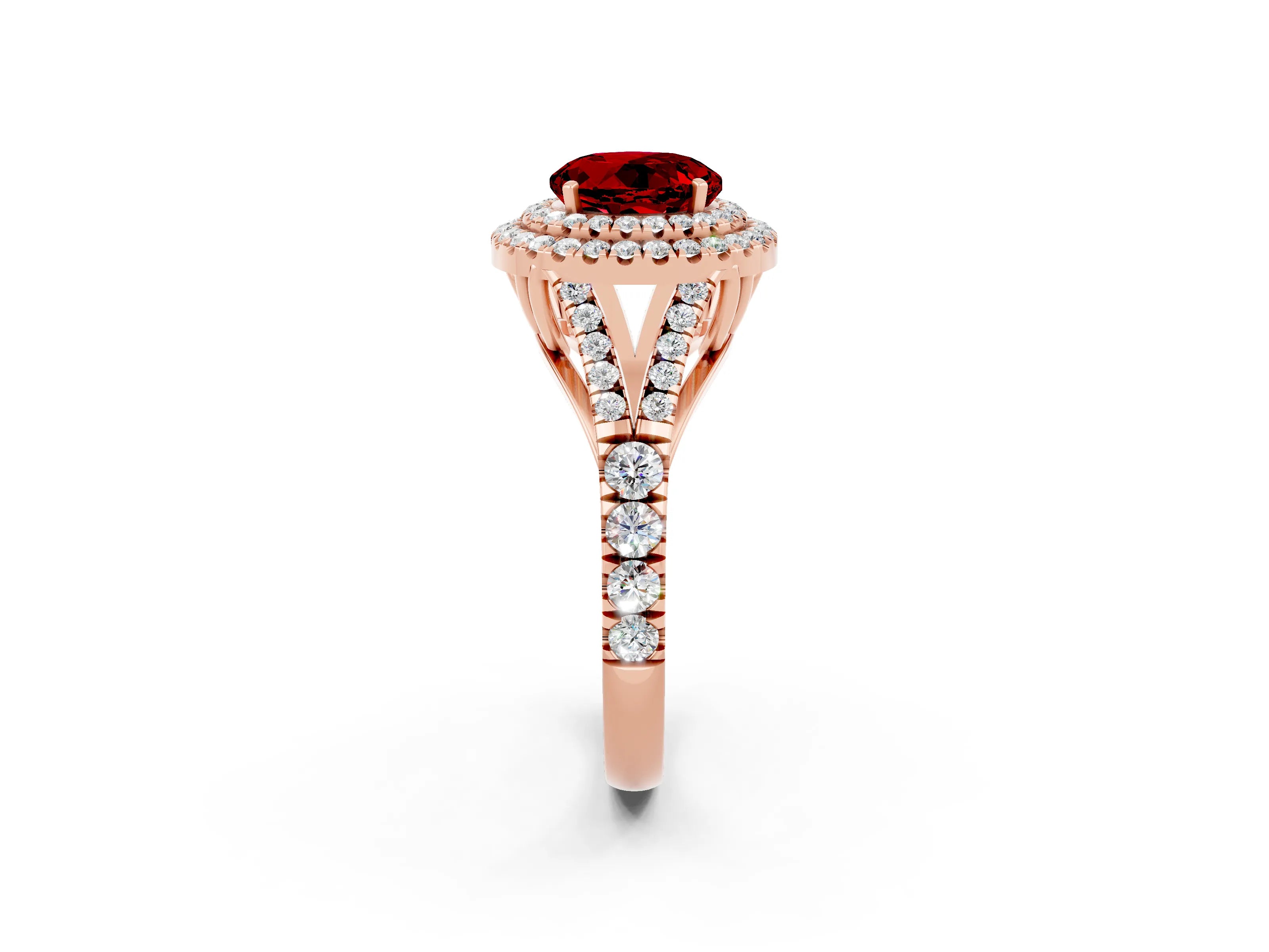 Rose gold Double Halo Round Cut Ruby Split Shank Engagement Ring with Four-Prong Setting_2