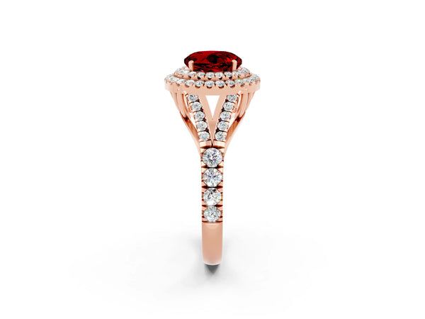 Rose gold Double Halo Round Cut Ruby Split Shank Engagement Ring with Four-Prong Setting