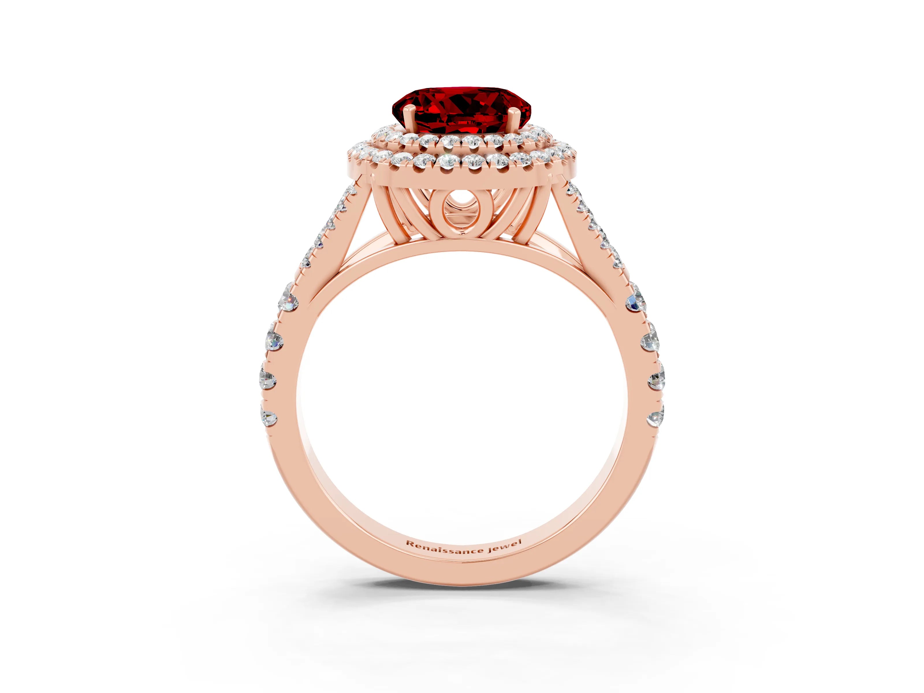 Rose gold Double Halo Round Cut Ruby Split Shank Engagement Ring with Four-Prong Setting_3