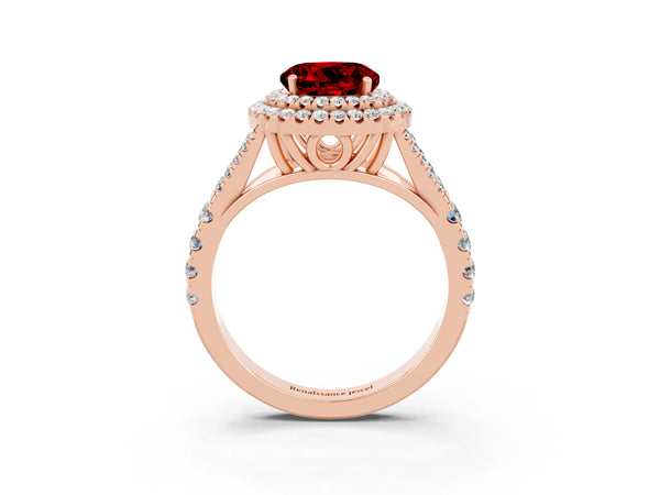 Rose gold Double Halo Round Cut Ruby Split Shank Engagement Ring with Four-Prong Setting