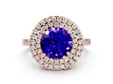 Rose gold Double Halo Round Cut Tanzanite Pavé Band with Four-Prong Setting