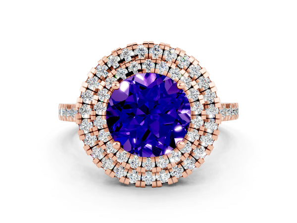 Rose gold Double Halo Round Cut Tanzanite Pavé Band with Four-Prong Setting