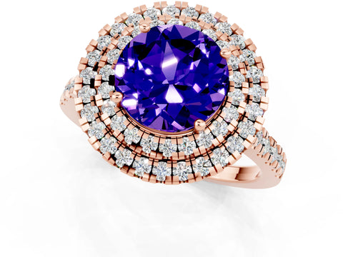 Rose gold Double Halo Round Cut Tanzanite Pavé Band with Four-Prong Setting_1