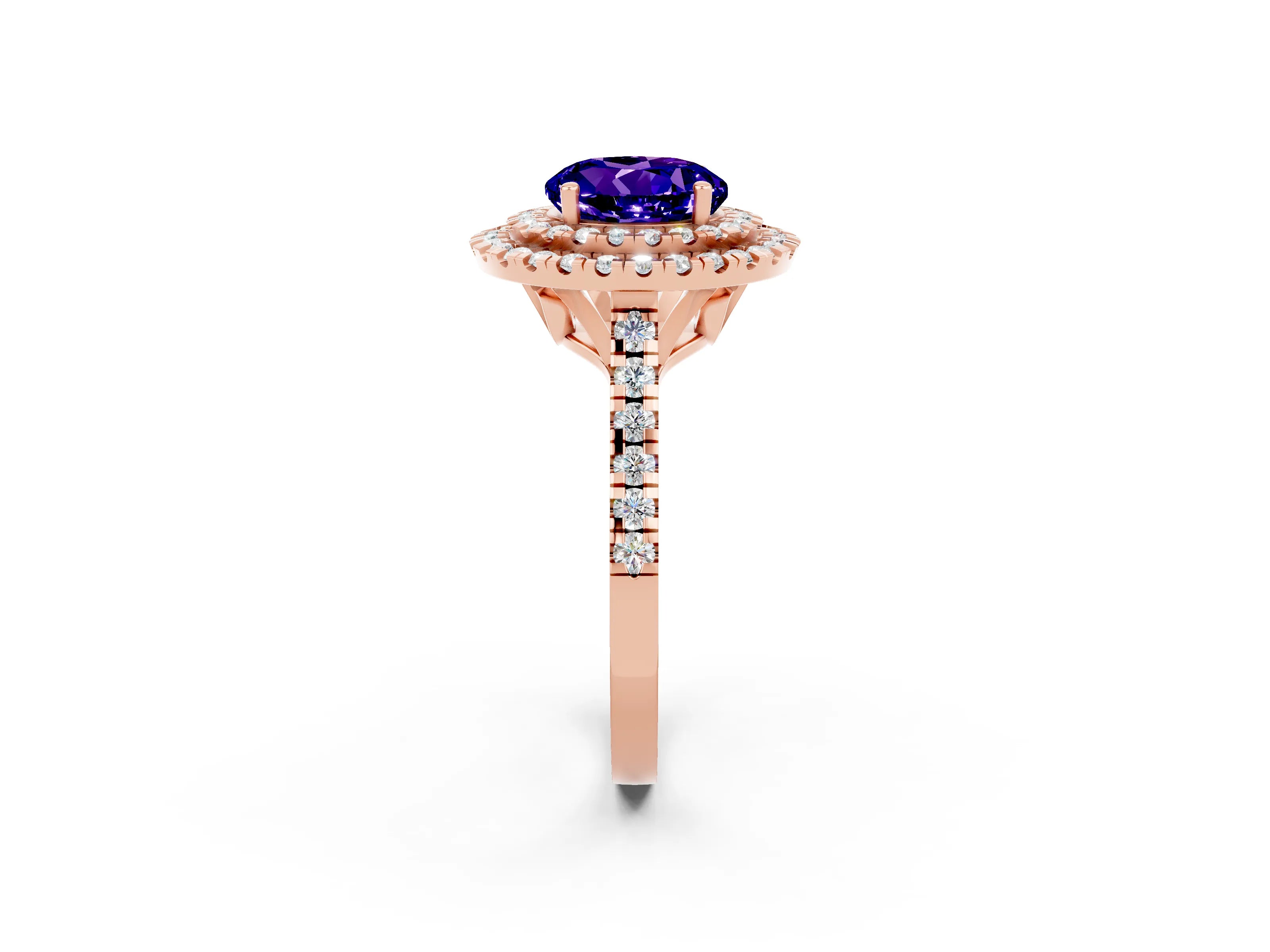 Rose gold Double Halo Round Cut Tanzanite Pavé Band with Four-Prong Setting_2