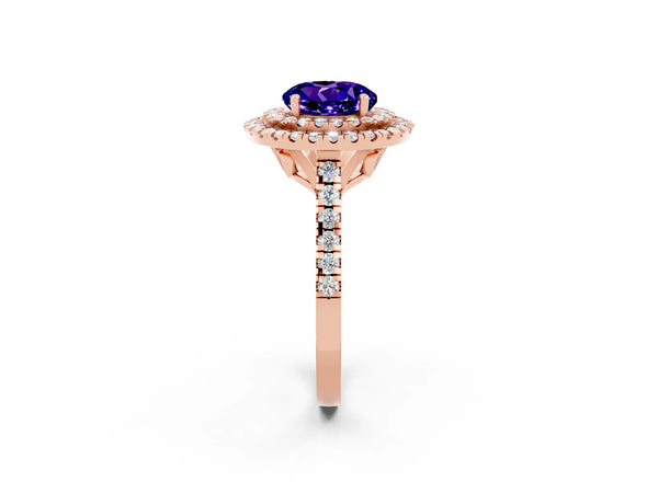 Rose gold Double Halo Round Cut Tanzanite Pavé Band with Four-Prong Setting