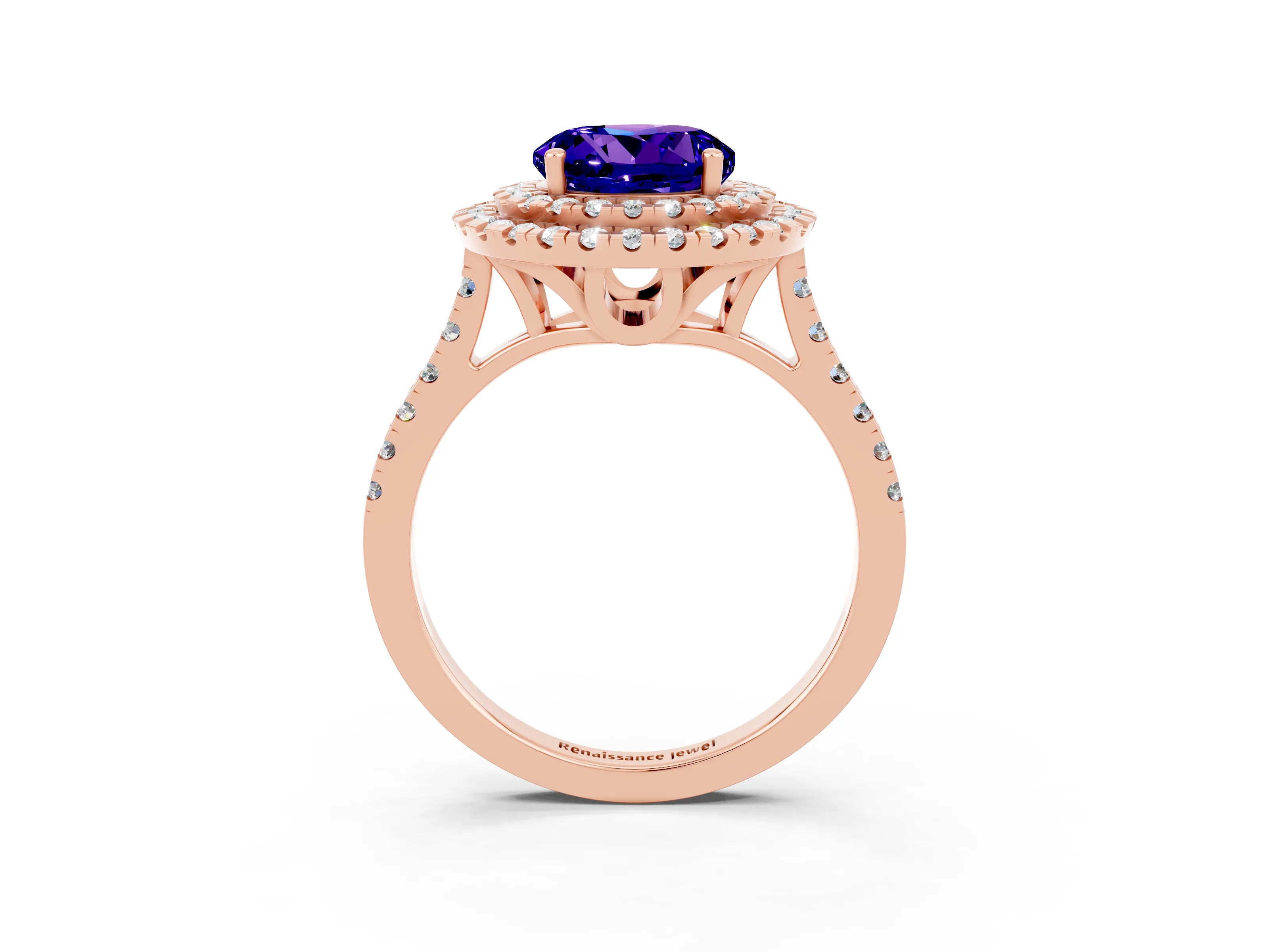 Rose gold Double Halo Round Cut Tanzanite Pavé Band with Four-Prong Setting_3