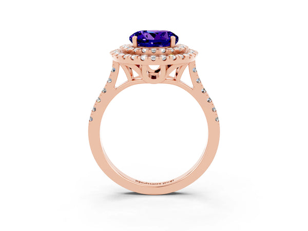 Rose gold Double Halo Round Cut Tanzanite Pavé Band with Four-Prong Setting