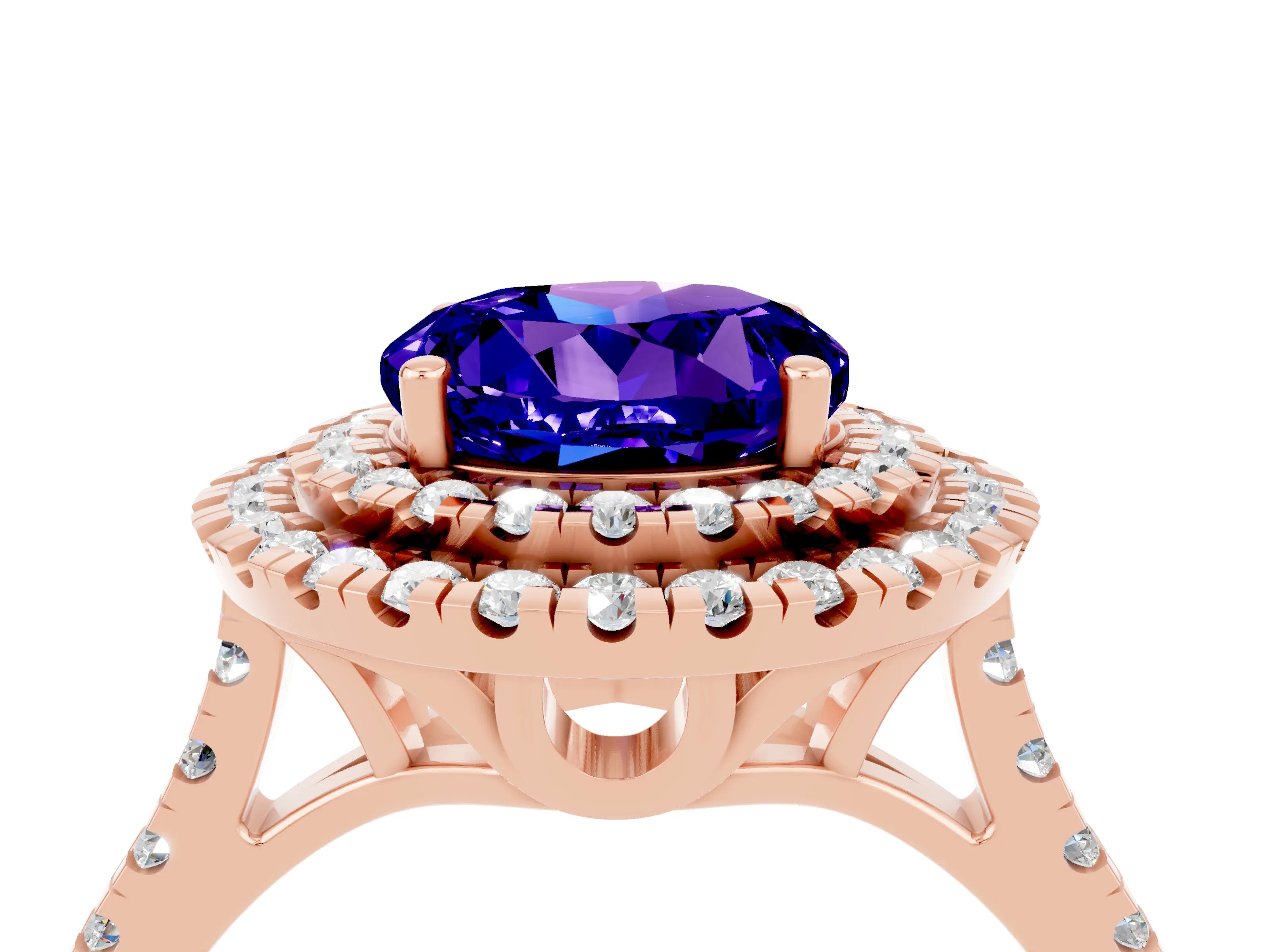 Rose gold Double Halo Round Cut Tanzanite Pavé Band with Four-Prong Setting_4