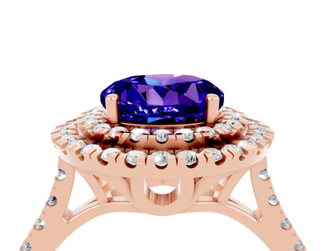 Rose gold Double Halo Round Cut Tanzanite Pavé Band with Four-Prong Setting_4
