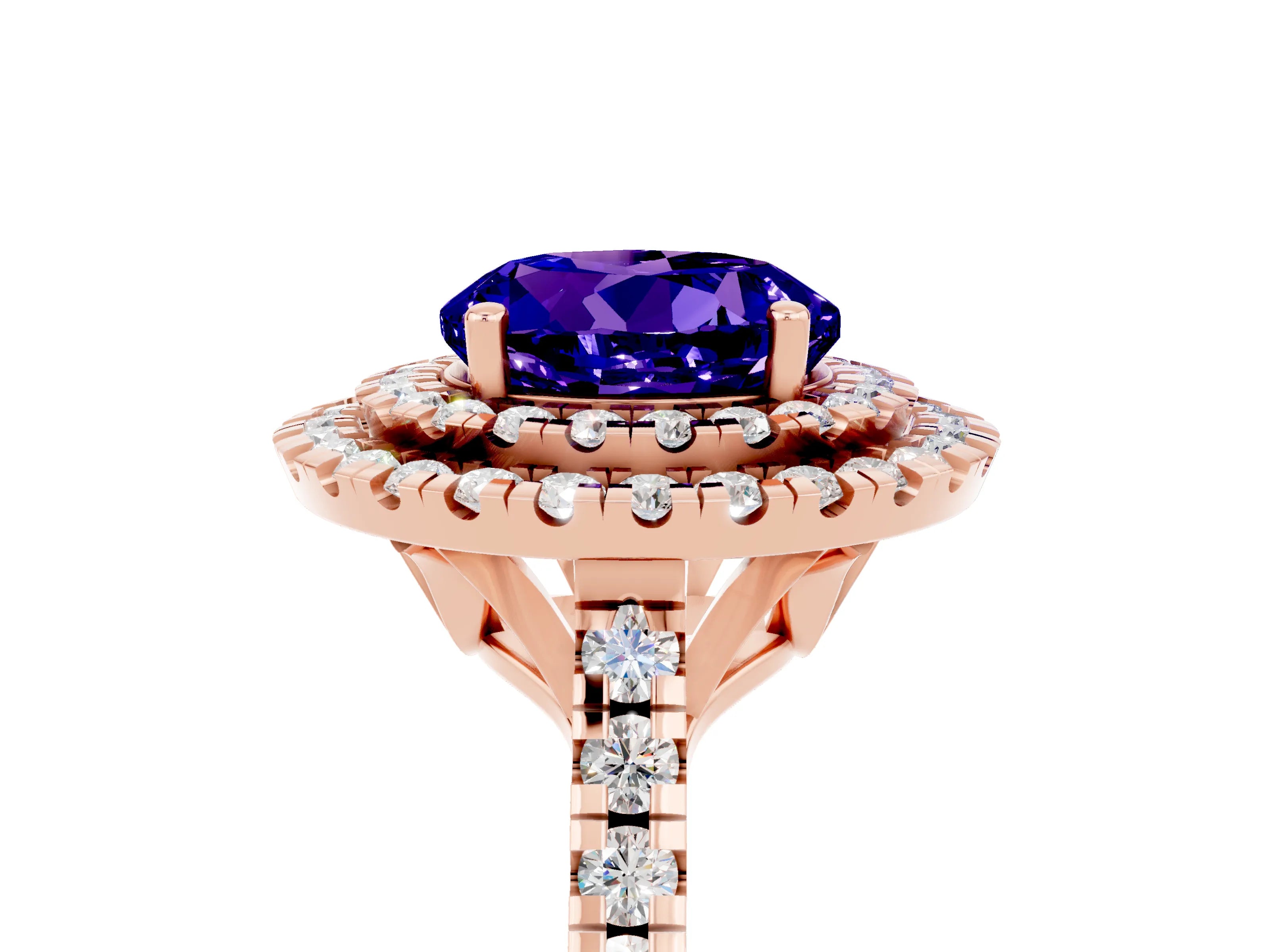 Rose gold Double Halo Round Cut Tanzanite Pavé Band with Four-Prong Setting_5