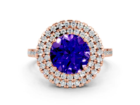 Rose gold Double Halo Round Cut Tanzanite Pavé Band with Four-Prong Setting