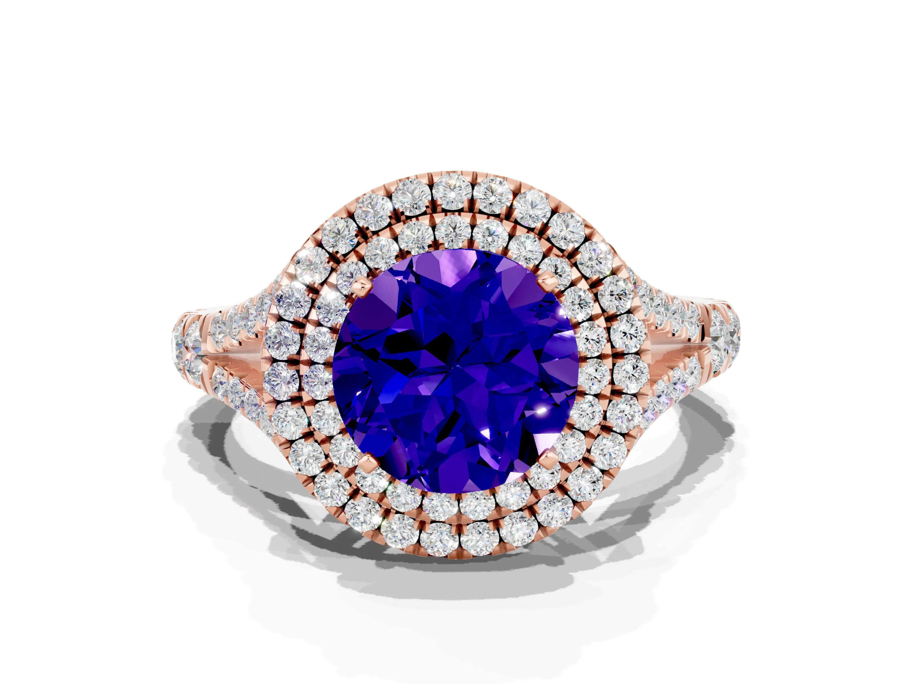 Rose gold Double Halo Round Cut Tanzanite Pavé Split Shank Ring with Prong Setting