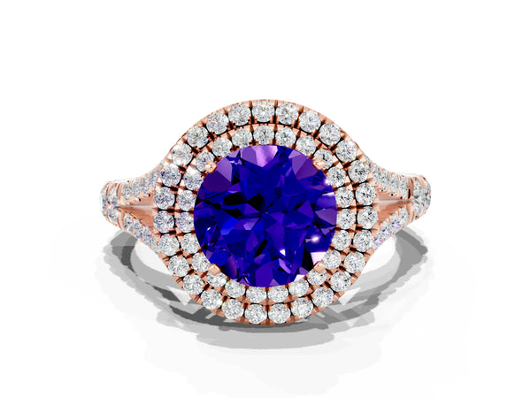 Rose gold Double Halo Round Cut Tanzanite Pavé Split Shank Ring with Prong Setting