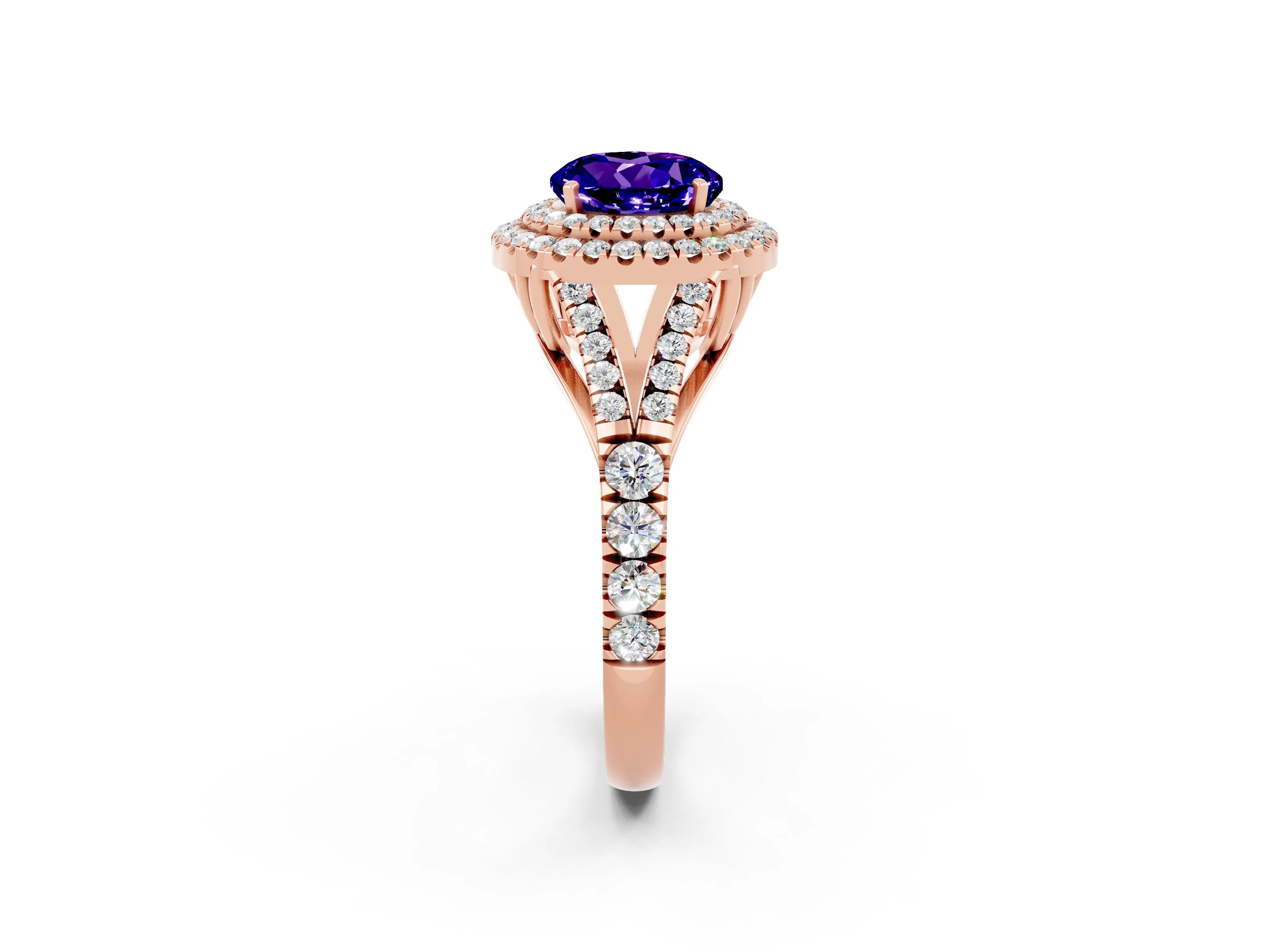 Rose gold Double Halo Round Cut Tanzanite Pavé Split Shank Ring with Prong Setting_2