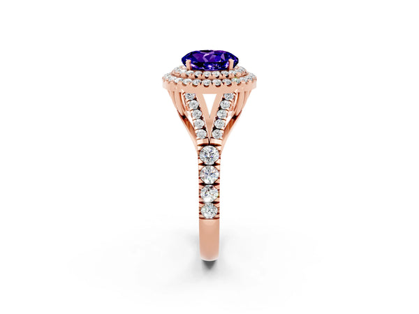Rose gold Double Halo Round Cut Tanzanite Pavé Split Shank Ring with Prong Setting