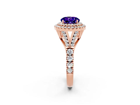 Rose gold Double Halo Round Cut Tanzanite Pavé Split Shank Ring with Prong Setting_2