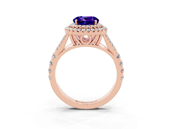 Rose gold Double Halo Round Cut Tanzanite Pavé Split Shank Ring with Prong Setting